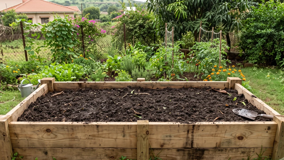 Empty wooden 4x8 raised garden bed freshly filled with dark soil, ready for planting