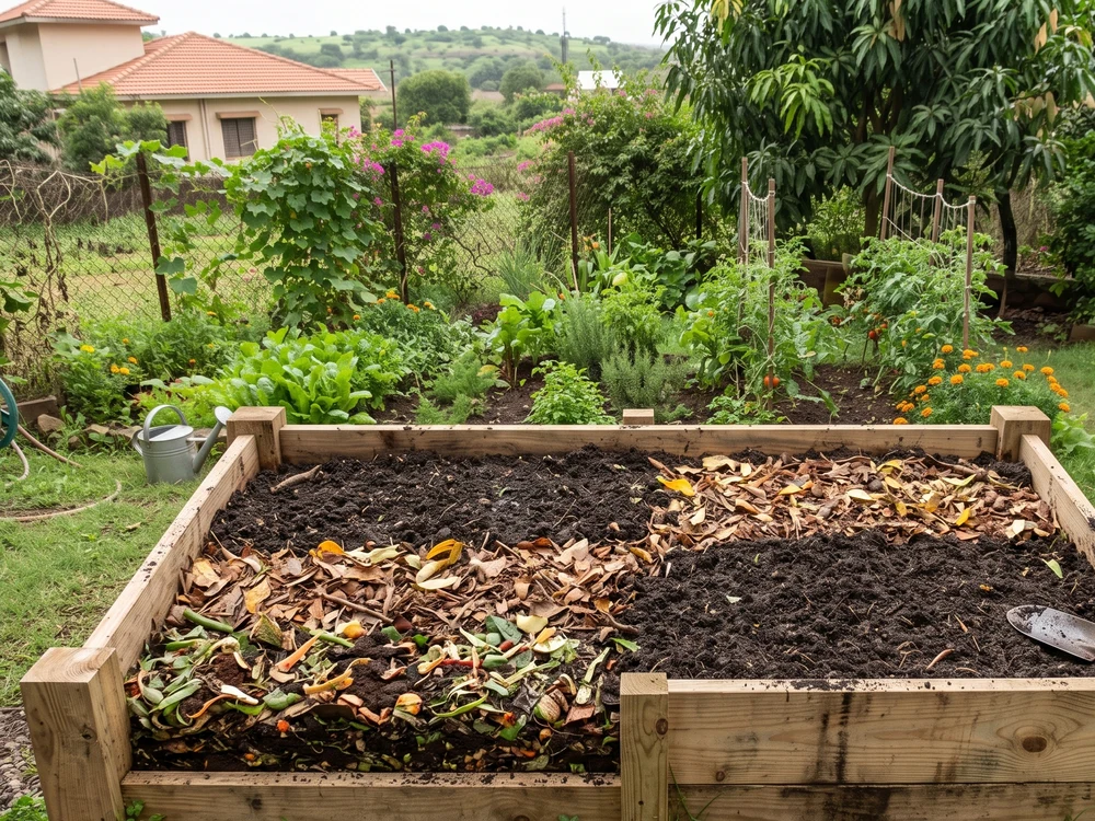 4x8 raised bed half filled with dark soil and half layered with dry leaves and garden scraps during the filling process