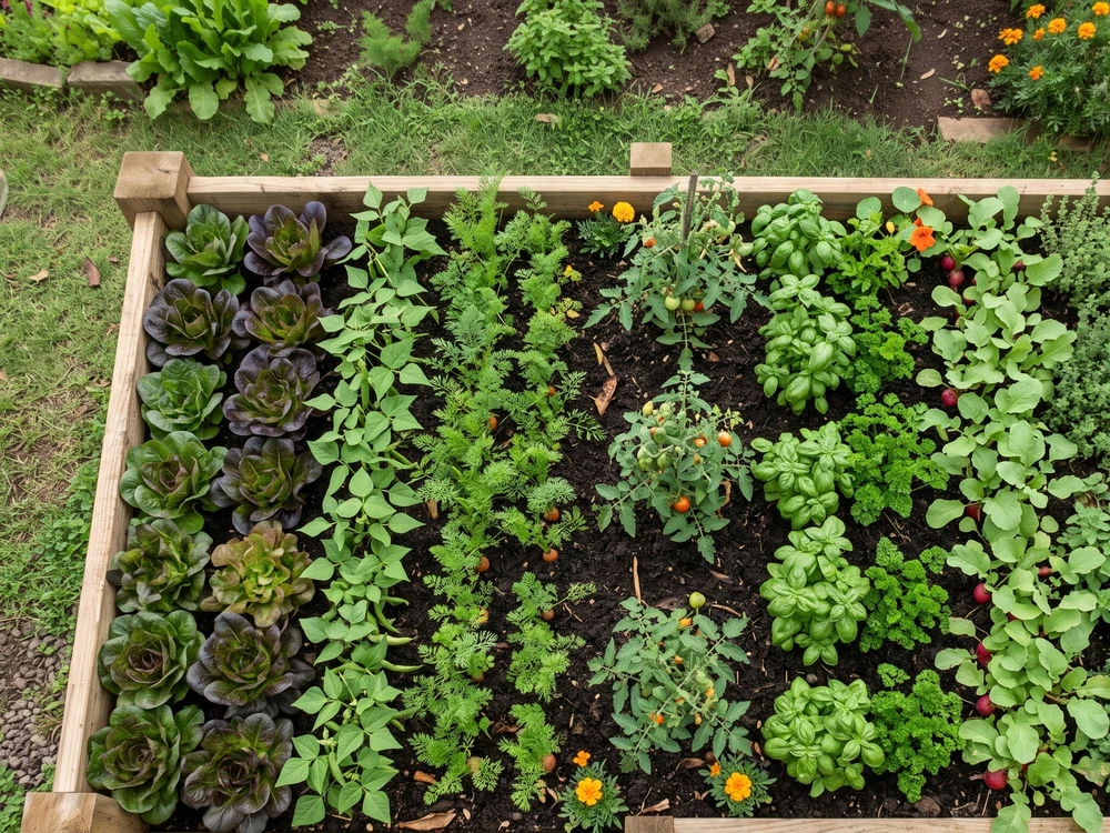 Overhead view of a planted 4x8 raised bed with rows of lettuce, beans, carrots, tomatoes, basil, and radishes