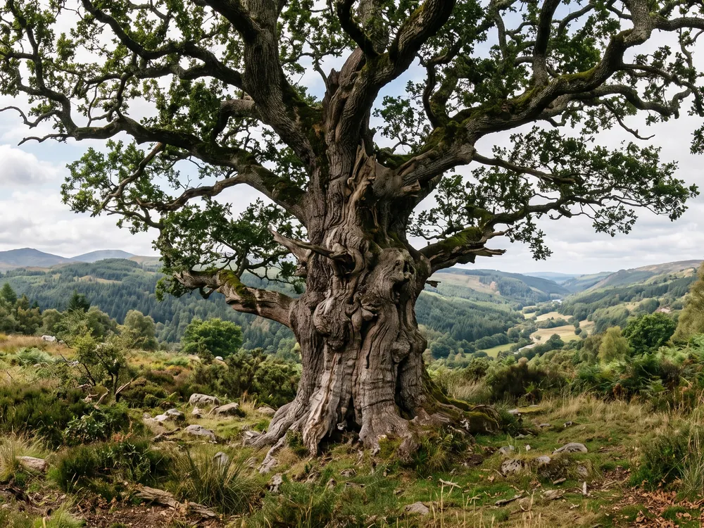 Ancient, gnarled tree with a thick weathered trunk