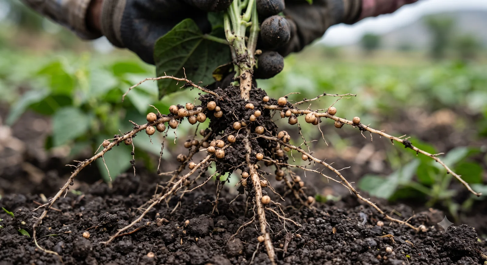 A bean plant pulled from the soil showing its root system covered in small round nitrogen-fixing nodules
