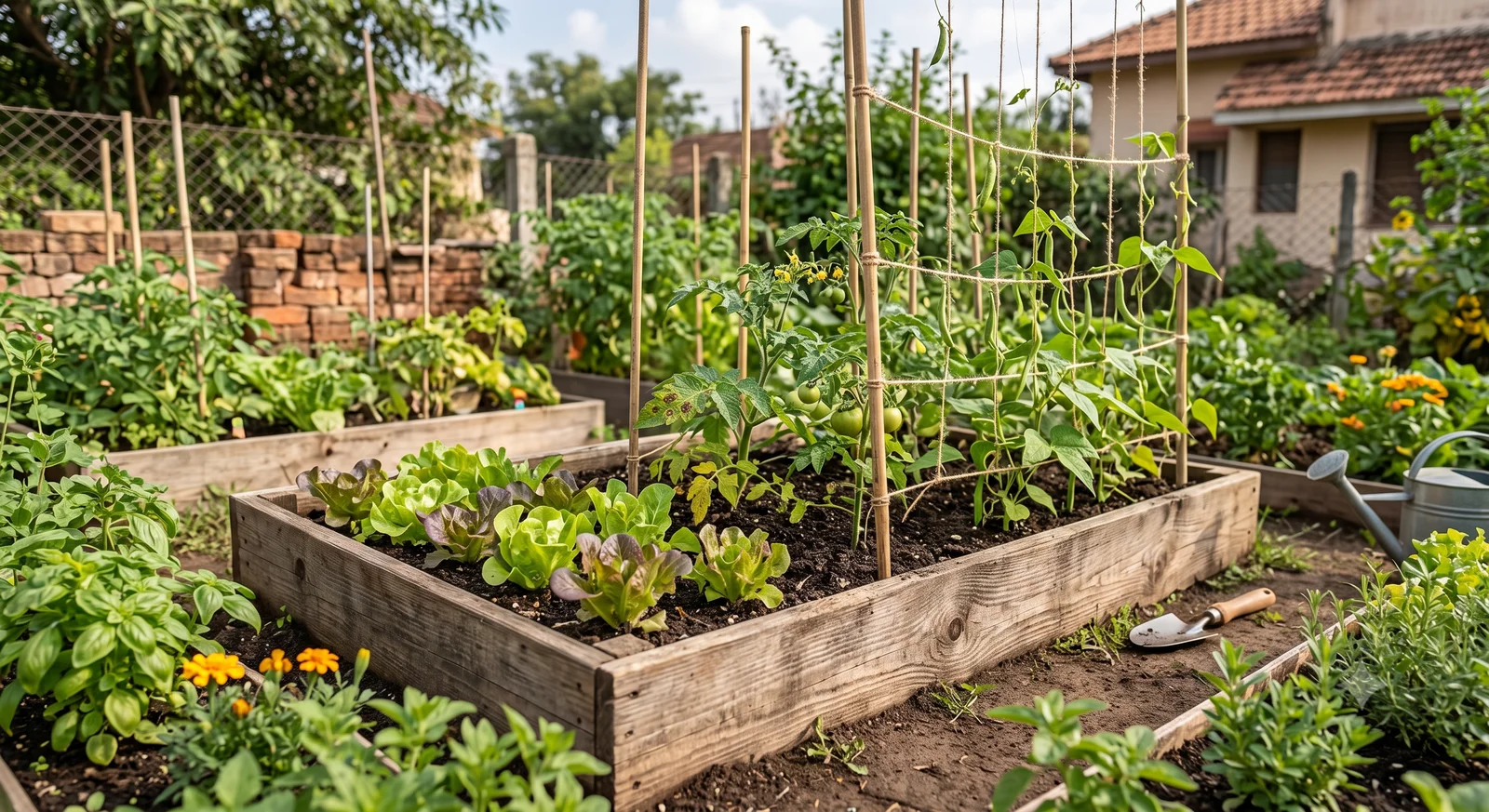 A modest backyard vegetable garden with raised wooden beds growing lettuce, tomatoes, and pole beans on a bamboo trellis, gardening tools nearby
