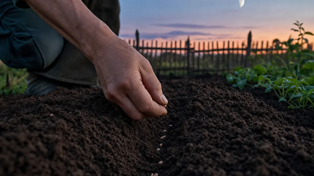A gardener's hand sowing seeds into a furrow of dark soil at dusk, with a wooden fence and a young vegetable bed behind