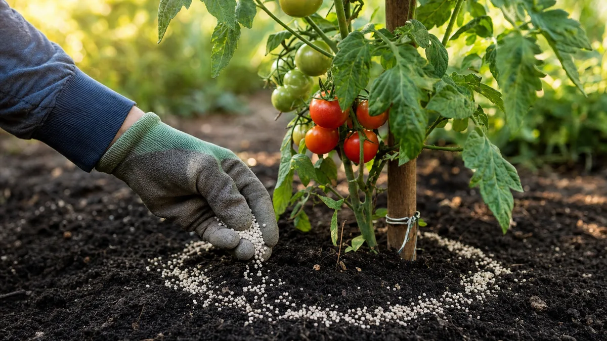 A gloved hand sprinkling granular fertilizer in a ring on the soil around a staked tomato plant carrying green and red fruit