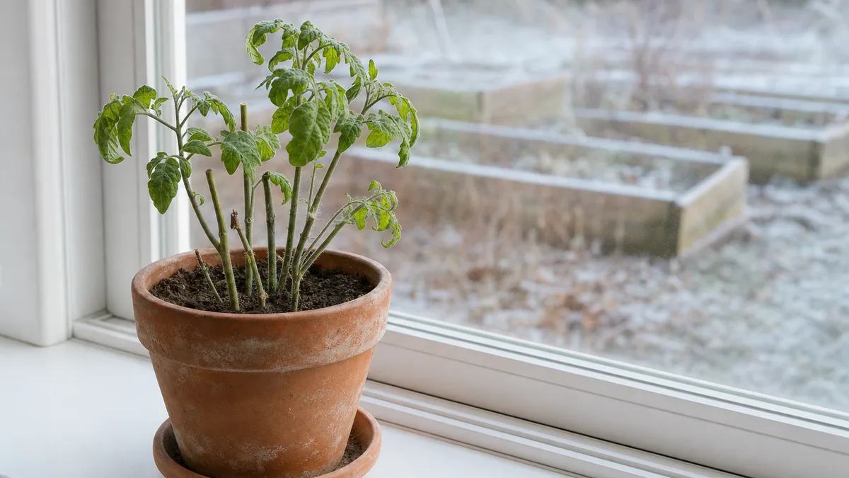 A potted tomato plant cut back to a few leafy stems and set beside a bright window in winter, with frosted garden beds visible outside the glass