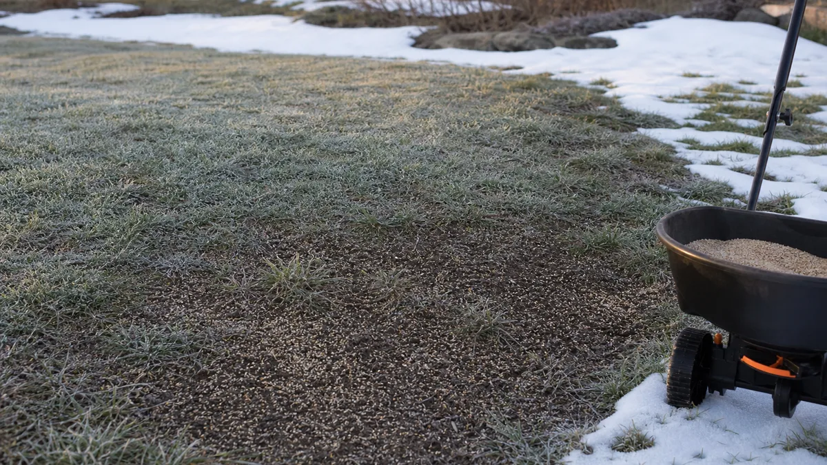 Thin cool-season lawn in late winter with patches of melting snow, frosty brown turf and a handheld seed spreader resting at the edge of the grass