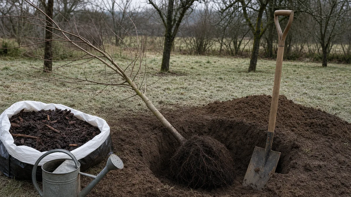 Bare-root fruit tree with leafless branches and a spade beside an open planting hole in soft, thawed ground on a gray winter day, with a bag of bark mulch nearby