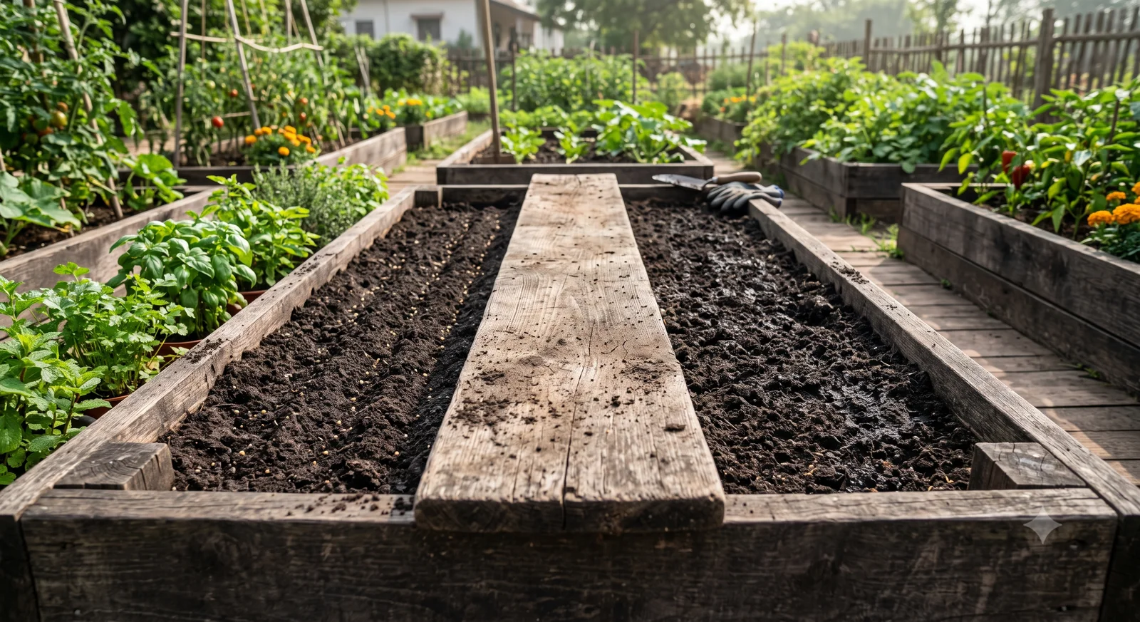 A raised garden bed with a flat wooden board laid over half of a freshly seeded row to trap moisture during carrot germination