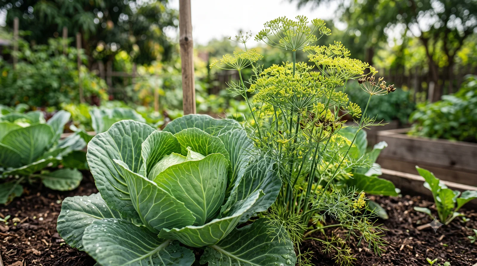 A cabbage growing next to a flowering dill plant in a garden bed, a classic companion pairing for attracting pest-eating beneficial insects