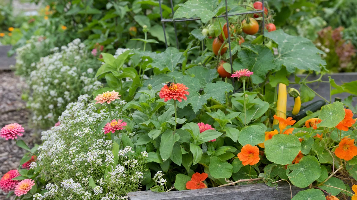 A raised vegetable bed with squash and tomatoes edged by blooming sweet alyssum, zinnias and nasturtiums, with a bee on a zinnia