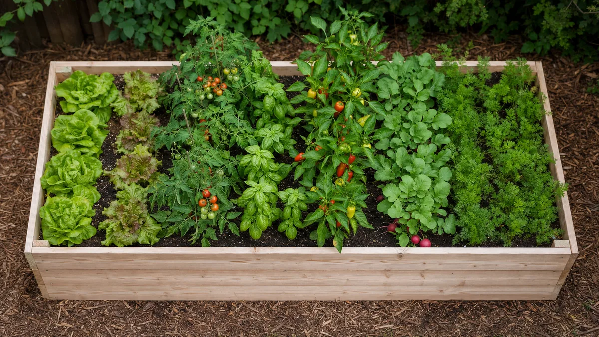 Overhead view of a 4 by 8 foot raised bed laid out in zones, with leaf lettuce at the north end, tomatoes and basil in the middle, peppers and radishes next, and carrots at the south end