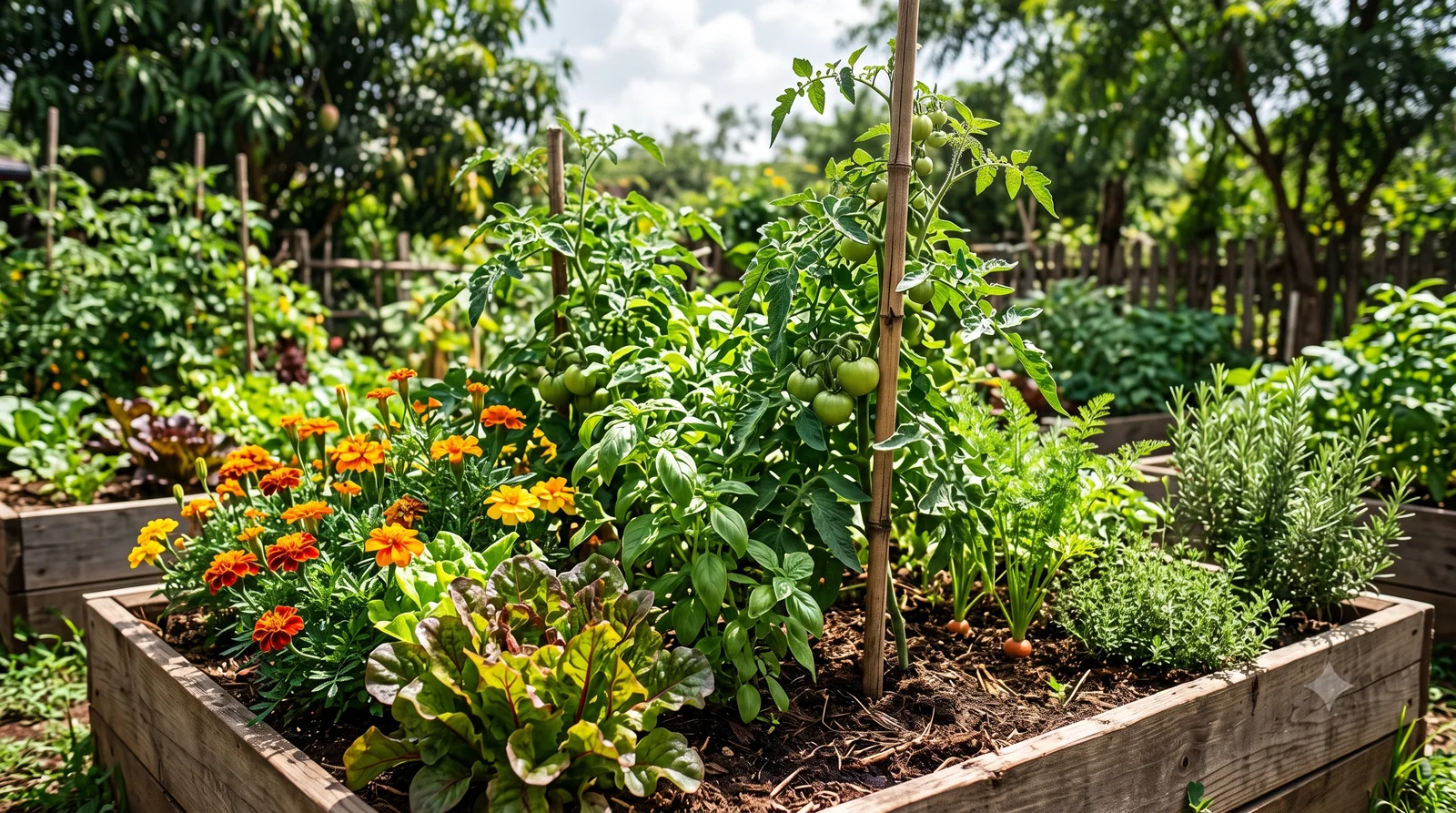 A raised garden bed mixing tomatoes, basil, marigolds, chard, carrots, and rosemary together in the same planting area