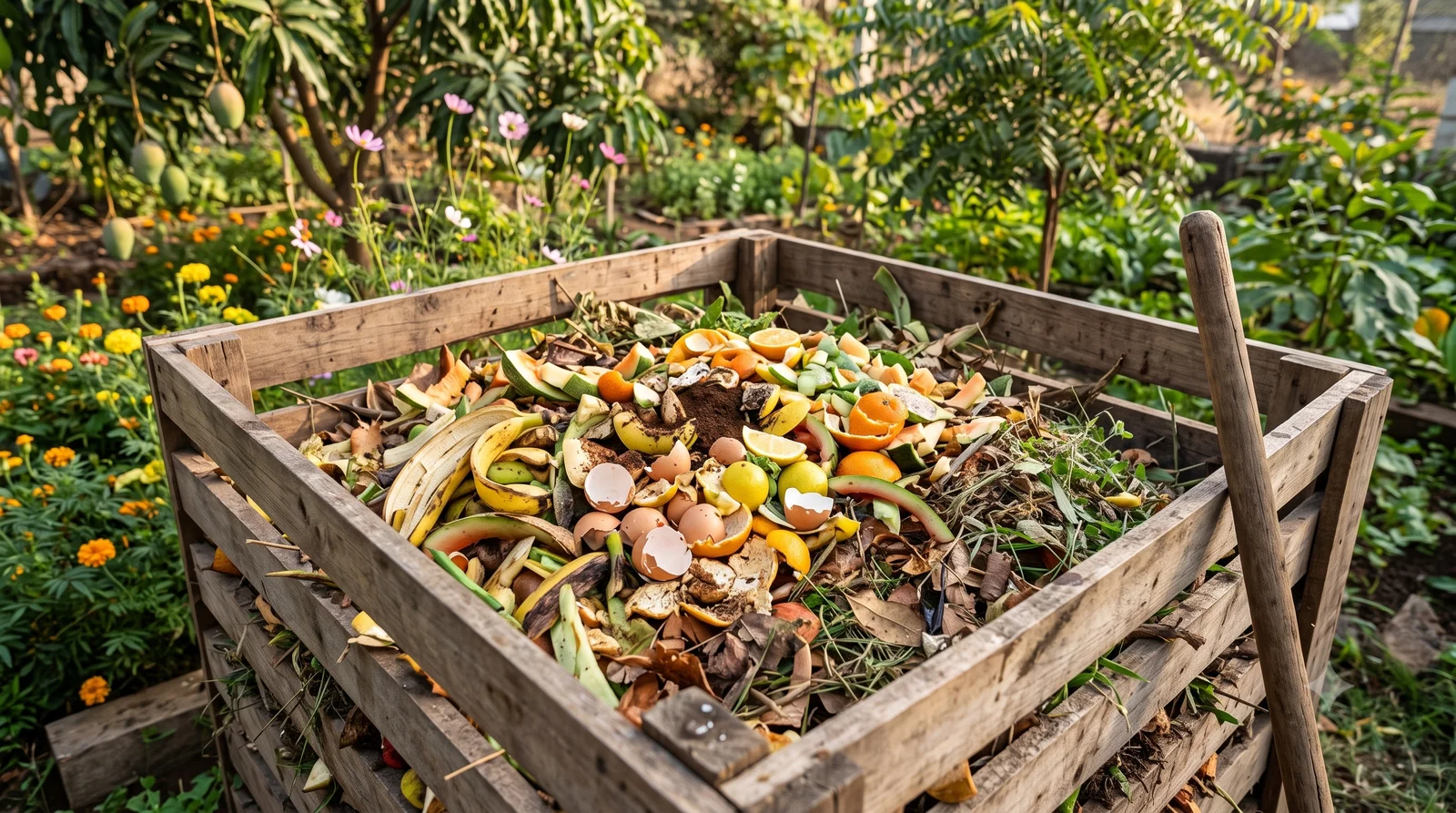 An open wooden compost bin filled with fruit and vegetable scraps, eggshells, banana peels, citrus rinds, and dry leaves, set in a garden