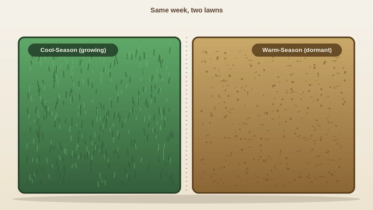Illustration of two adjacent lawn patches showing the color contrast between an actively growing cool-season lawn and a dormant warm-season lawn