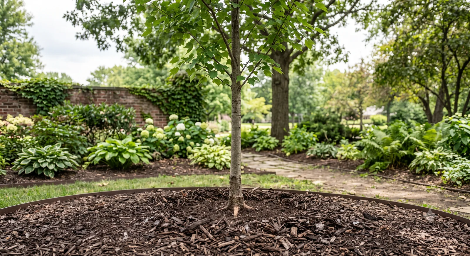 A young tree properly mulched with a flat, donut-shaped ring pulled back from the trunk, leaving the root flare and bark clear of mulch