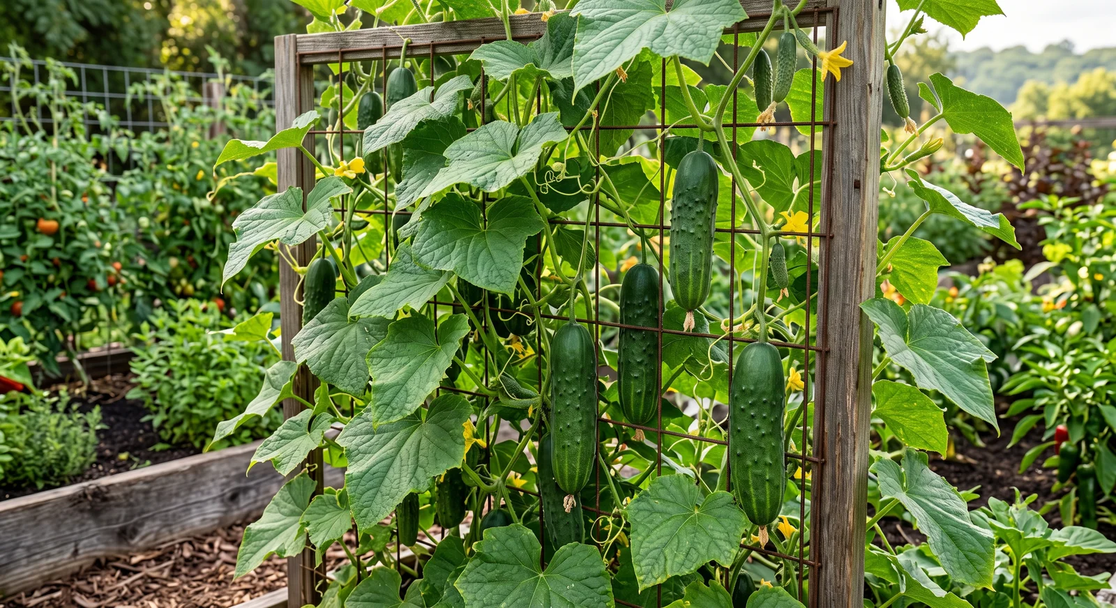 Cucumber vines climbing a wire trellis in a raised garden bed, with several ripening cucumbers hanging among the leaves and yellow flowers