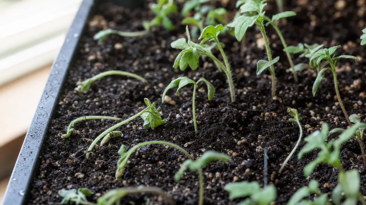 Young seedlings in a seed-starting tray with thin stems collapsed and lying flat on the soil beside upright neighbors