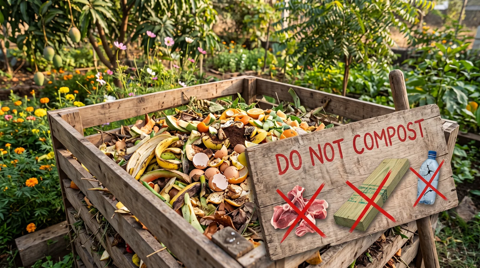 A wooden compost bin with a hand-painted 'Do Not Compost' sign showing crossed-out icons for meat, treated wood, and plastic