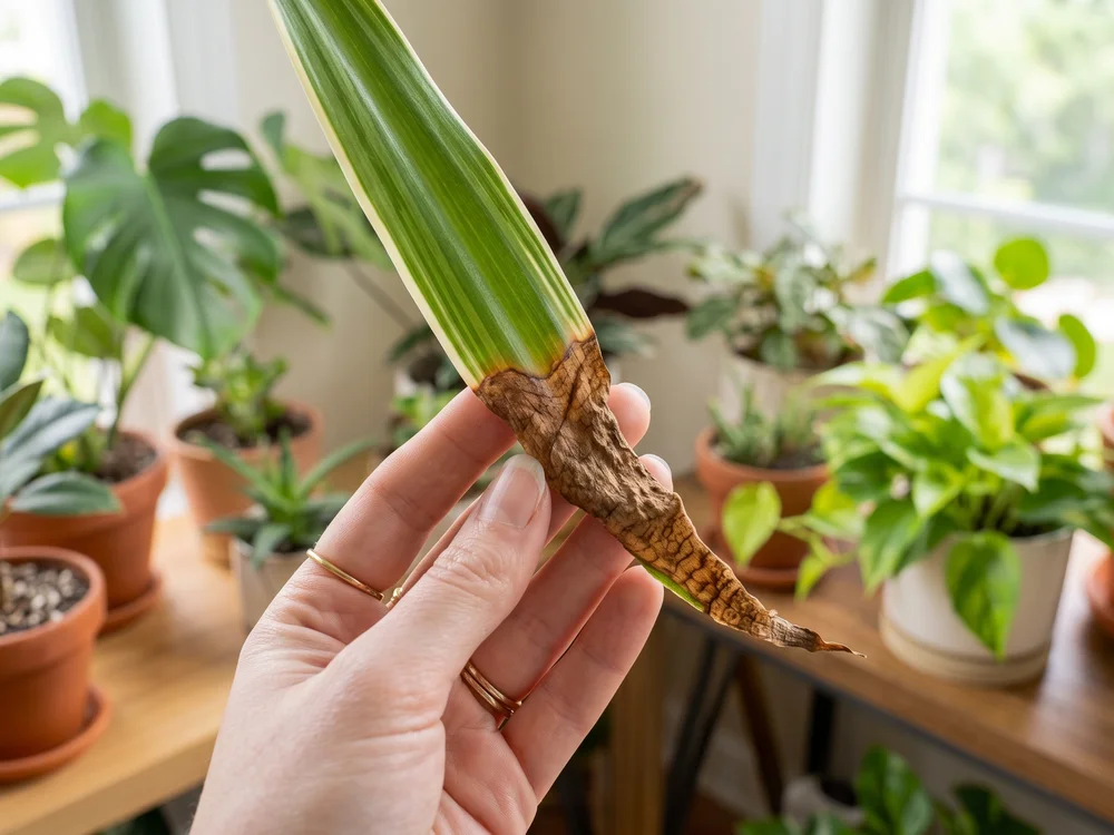 Dracaena leaf with brown crispy tip burn, showing classic tap water mineral sensitivity