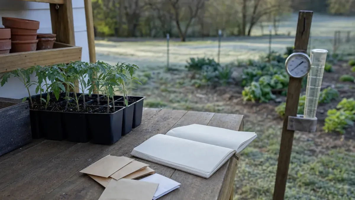 Potting bench beside a spring garden with a blank notebook, seed packets, tomato seedlings, a thermometer and a rain gauge