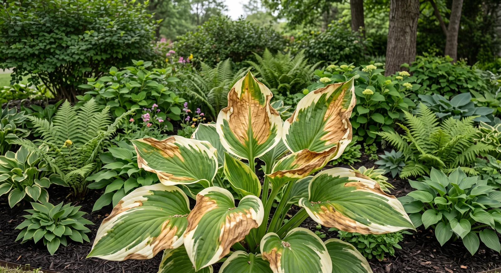 Hosta leaves with visible fertilizer burn — yellowed and browned, crisped edges radiating in from the leaf margin