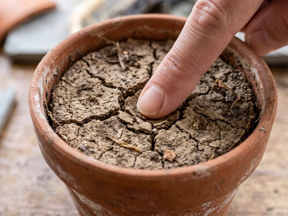 Finger pressed into dry, cracked potting soil, checking for underwatering as a cause of wilting