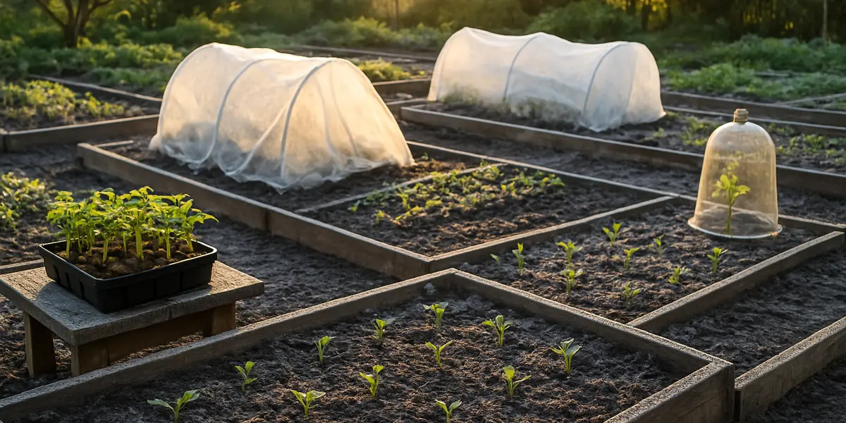 A vegetable garden at the edge of spring, with frost on the soil in the morning