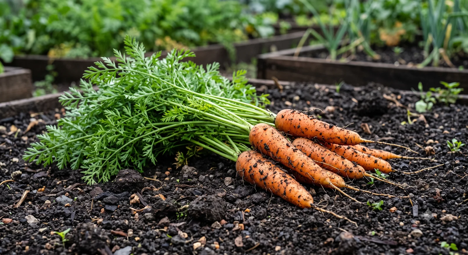 A bunch of freshly harvested carrots with soil still clinging to the roots, laid on top of a raised garden bed