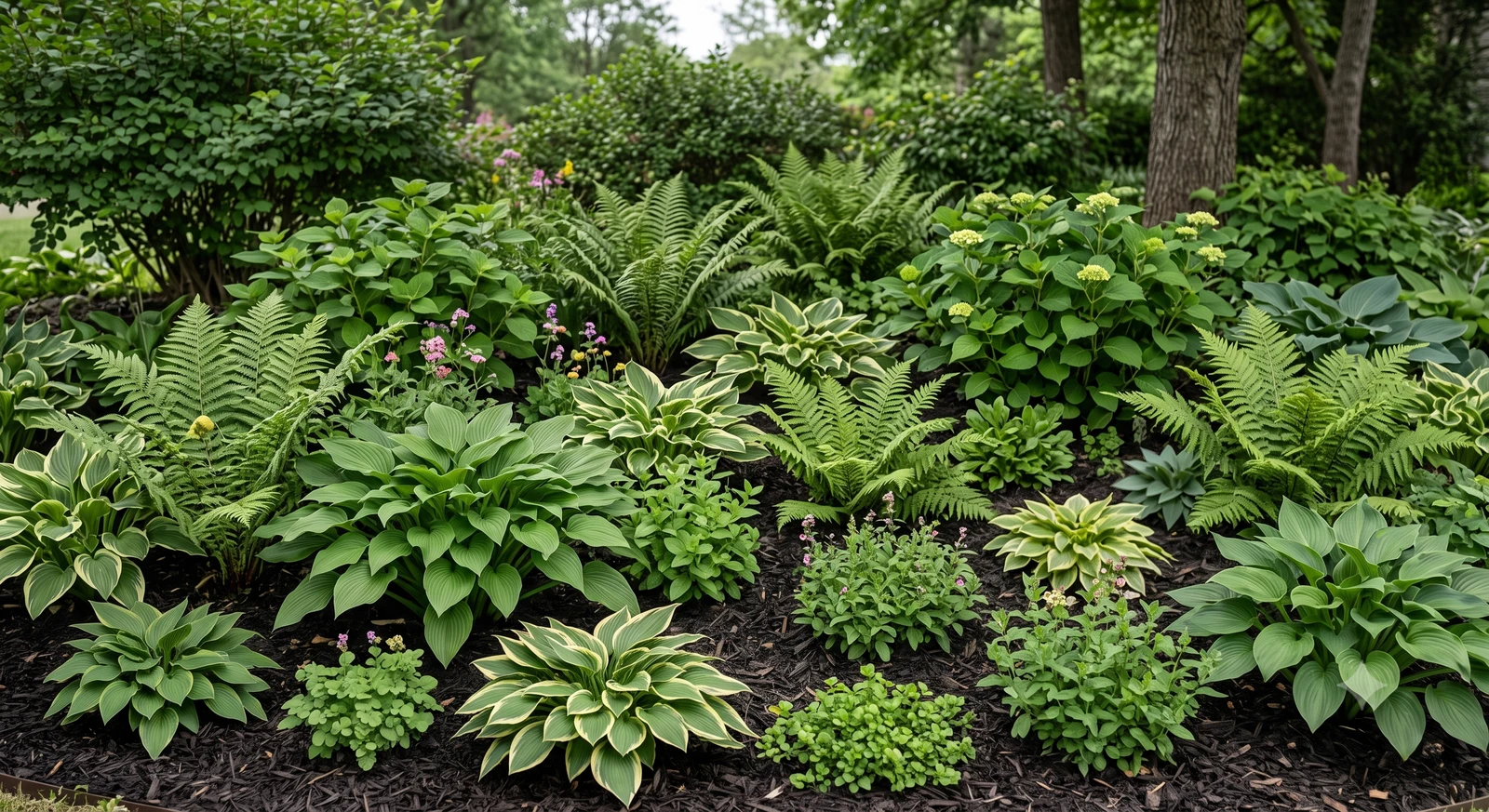 A lush, densely planted shade garden bed of hostas, ferns, and hydrangeas showing healthy, properly fertilized growth