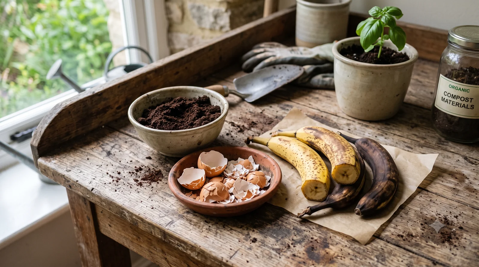A potting bench with a bowl of used coffee grounds, a dish of crushed eggshells, overripe bananas, a potted basil seedling, and a labeled jar of compost materials