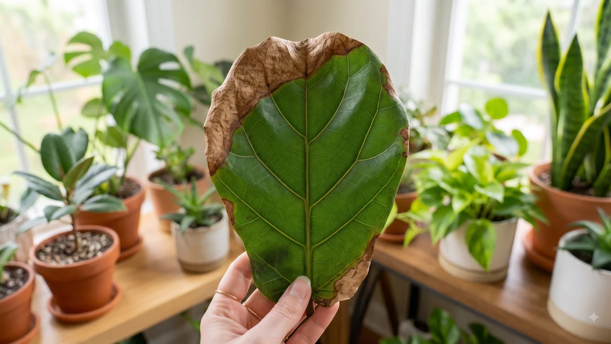 Houseplant leaf with brown crispy tips, for diagnosing why plant leaf tips are turning brown