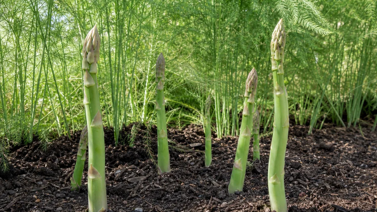 Thick green asparagus spears rising from mulched soil in a garden bed beside a row of tall feathery asparagus ferns