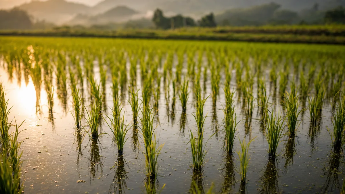 Young green rice plants in rows in a shallow flooded paddy at golden hour with water reflecting the sky