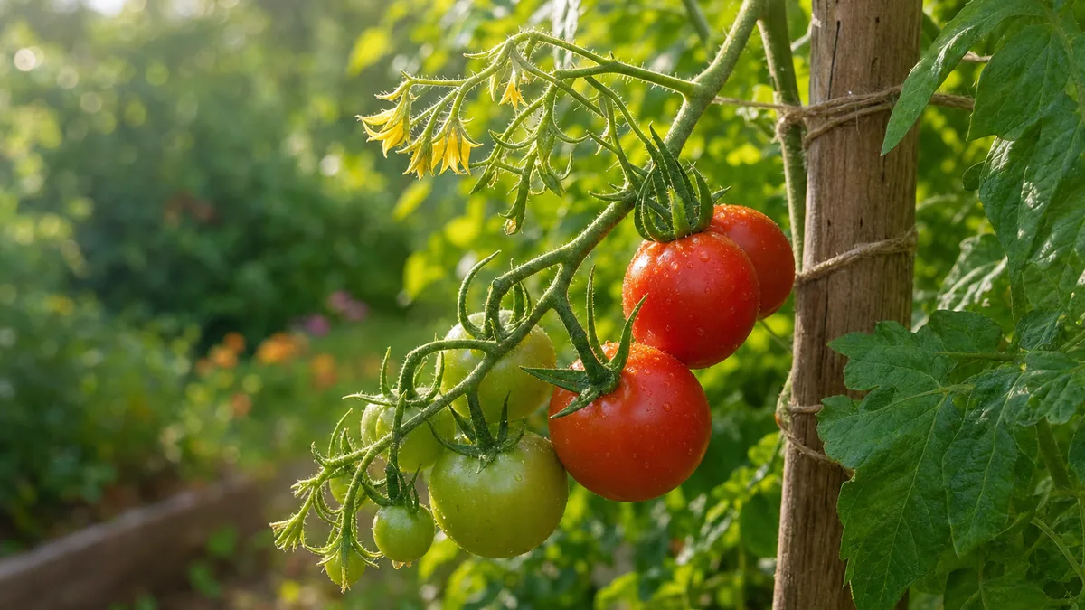 A staked tomato vine in morning light with yellow flowers, green fruit and ripening red tomatoes on the same truss