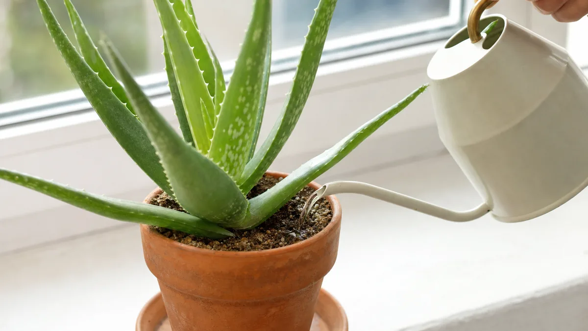 A healthy aloe vera in a terracotta pot on a bright windowsill with a watering can pouring slowly onto dry, gritty soil