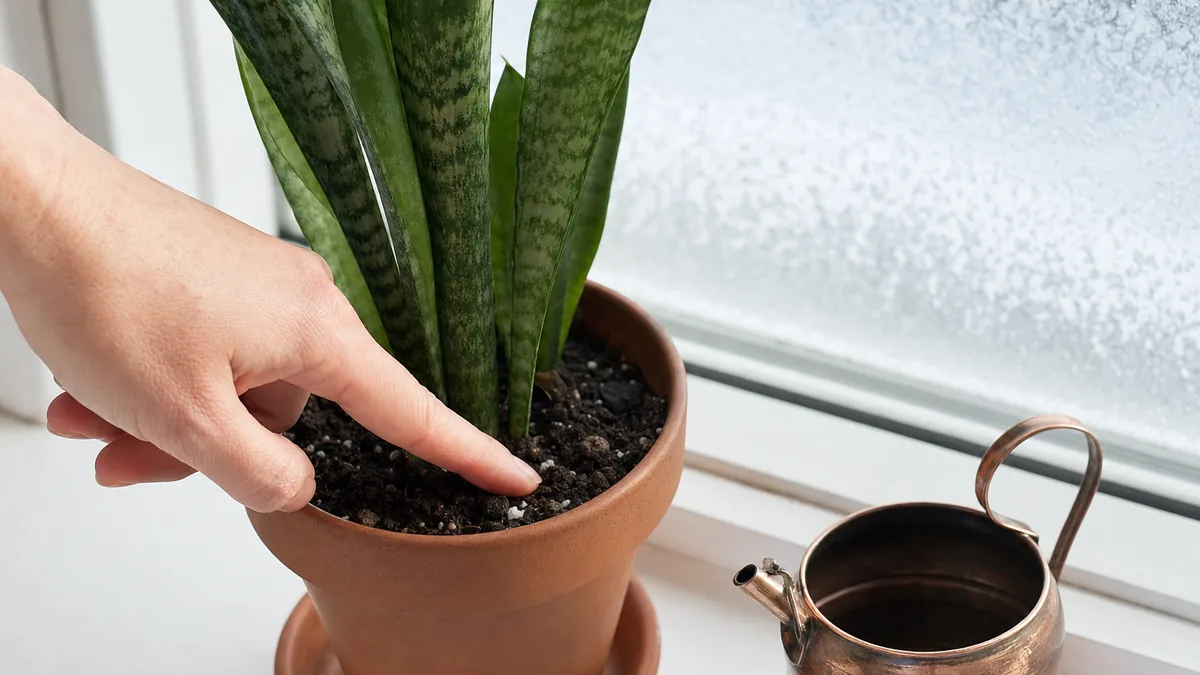 A hand pressing a finger into the soil of a potted snake plant on a windowsill in winter, with a watering can and frosted glass behind