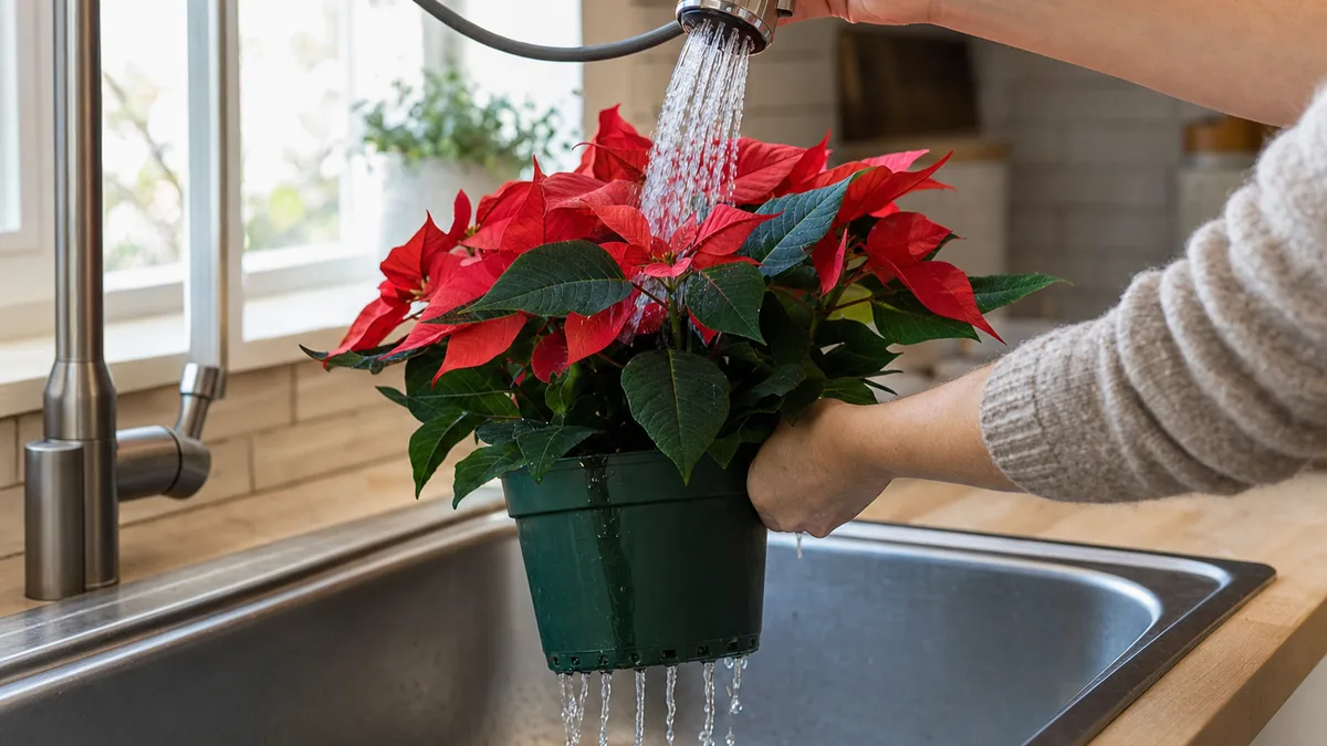 A red poinsettia in a green nursery pot with its foil sleeve removed, being watered in a kitchen sink and draining from the bottom holes