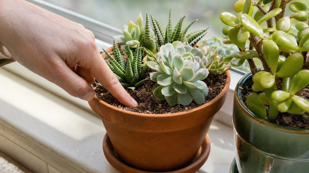 A fingertip testing the dry gritty soil of a terracotta pot of echeveria and haworthia on a bright windowsill, beside a glazed pot of jade plant