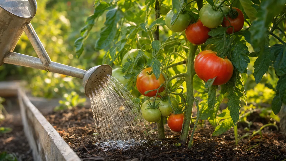 A galvanized watering can pouring a gentle stream onto the mulched soil at the base of a tomato plant with red and green fruit in a raised bed in morning light