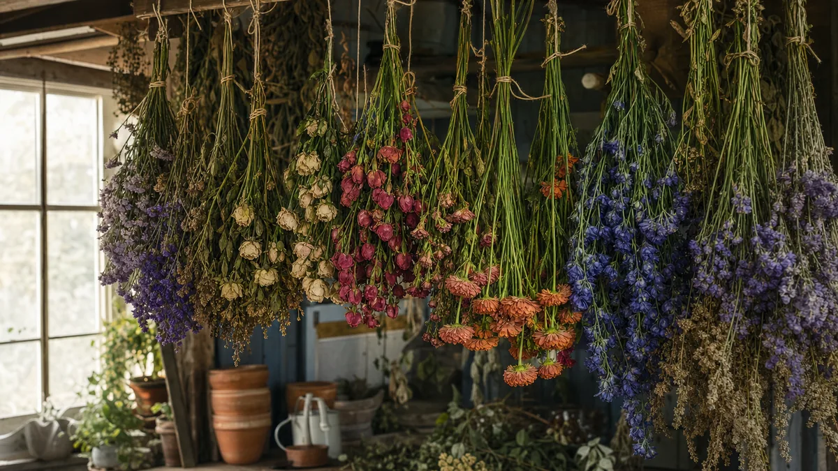 Bunches of statice, larkspur, zinnias and roses hanging upside down to dry from a wooden rack in a dim shed, some already papery and dried