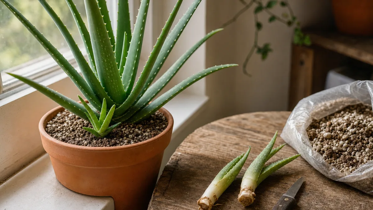 A healthy aloe vera plant in a terracotta pot on a sunny windowsill, with a small pup at its base and two separated pups drying on a wooden table beside a clean knife