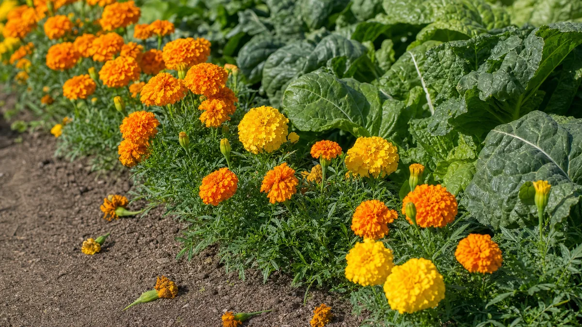 Orange and yellow French marigolds in full bloom along the edge of a sunny vegetable bed, with spent flowers pinched off beside the plants