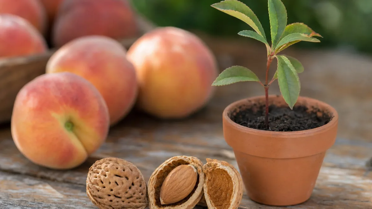 A whole peach pit and a cracked pit showing the seed kernel beside a small potted peach seedling, with ripe peaches behind on a wooden table