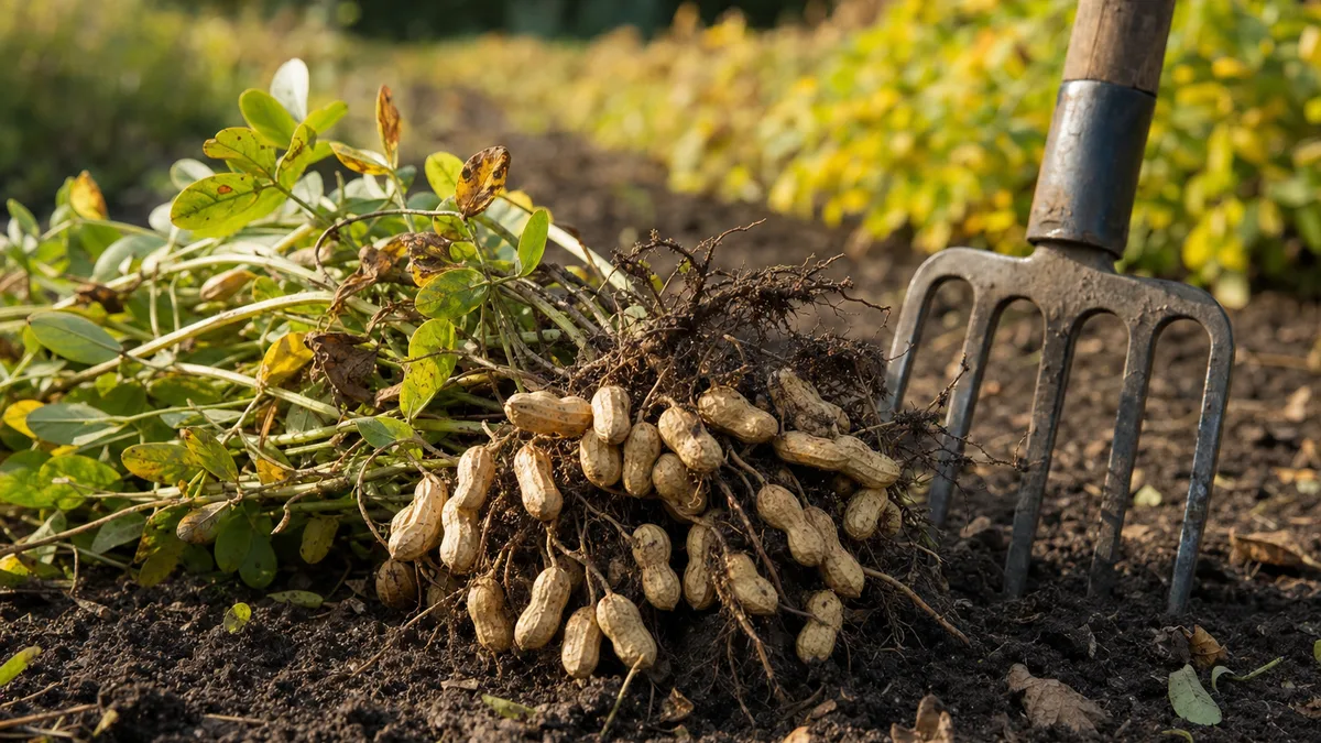 Freshly dug peanut plants with soil-covered pods hanging from the roots, laid on the ground of a sunny garden bed in early autumn