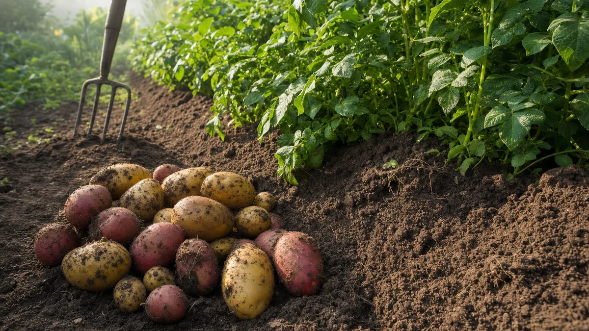 A pile of freshly dug red and gold potatoes on dark soil beside a mounded row of green potato vines, with a garden fork standing in the background