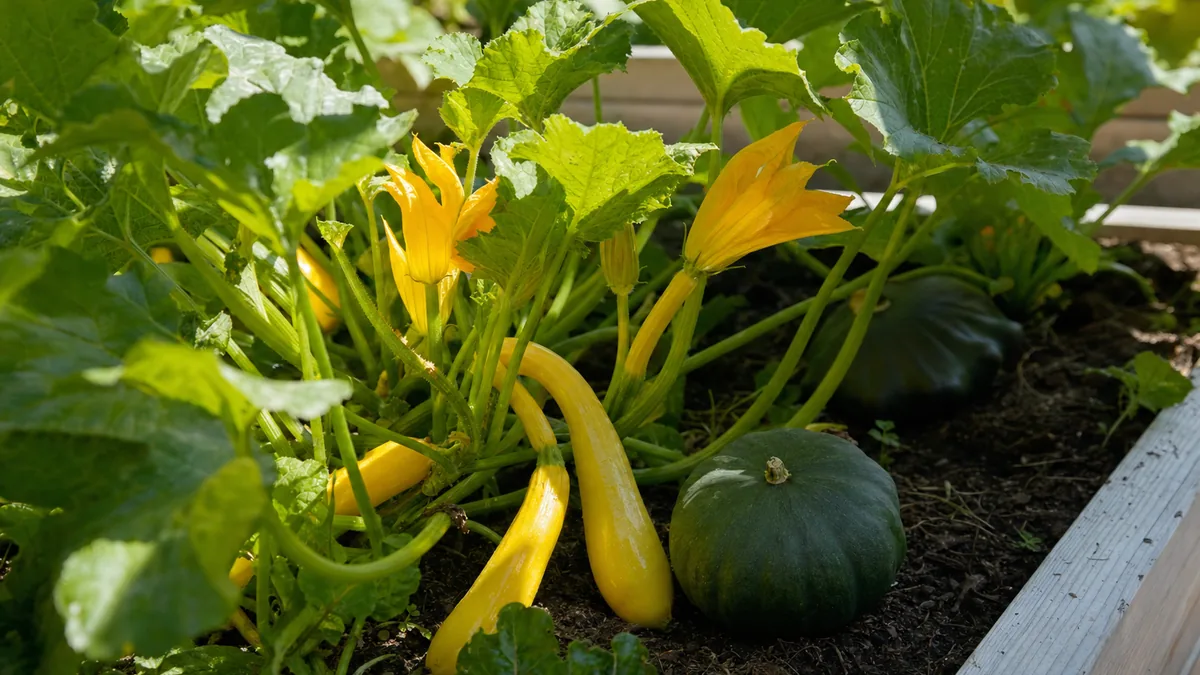 Yellow crookneck squash and a dark green acorn squash growing among broad leaves in a raised bed vegetable garden
