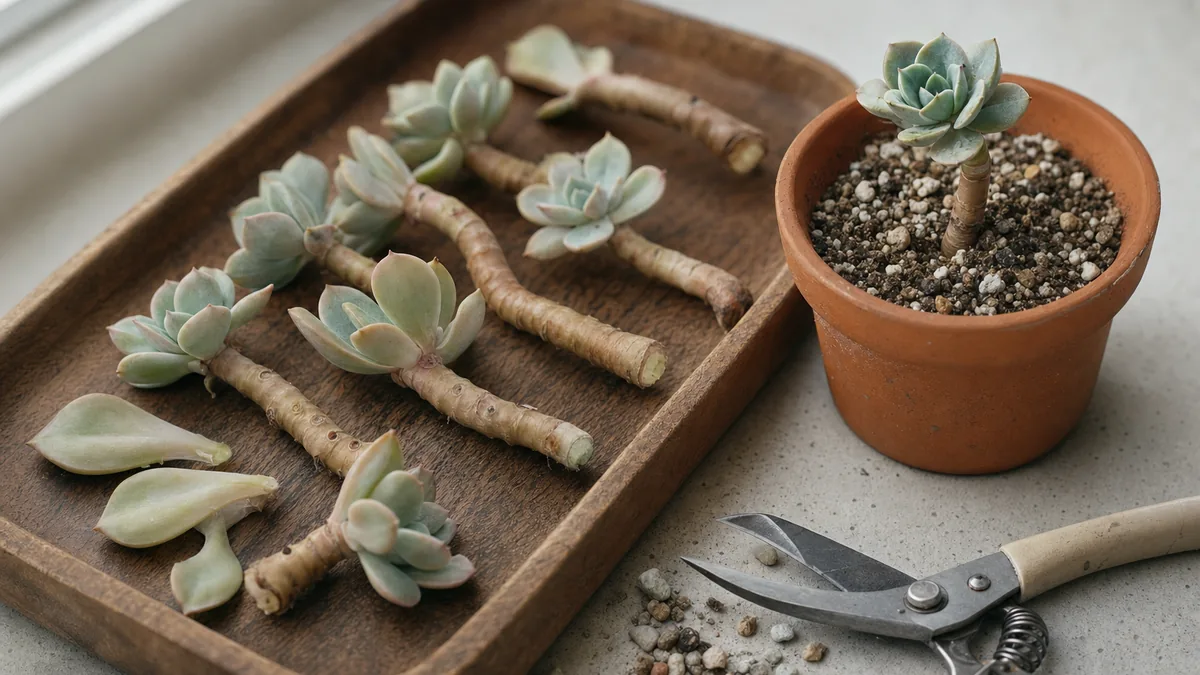 Callused echeveria stem cuttings and a few loose fleshy leaves resting on a wooden tray beside a small terracotta pot of gritty cactus mix holding one freshly planted cutting