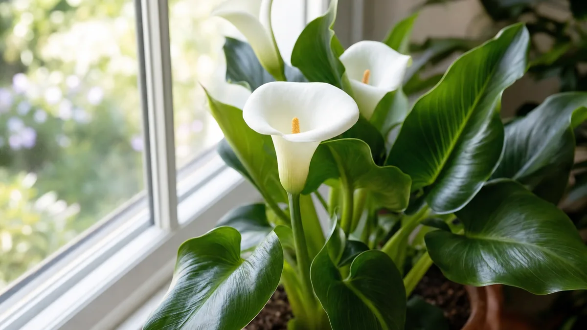 A white calla lily with funnel-shaped flowers and glossy arrowhead leaves in a pot beside a bright window