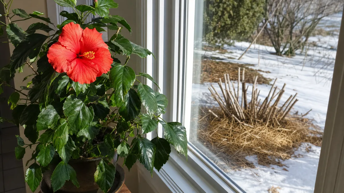 A potted tropical hibiscus with glossy red-edged leaves beside a bright south-facing window in winter, next to a cut-back hardy hibiscus clump mulched with straw outdoors