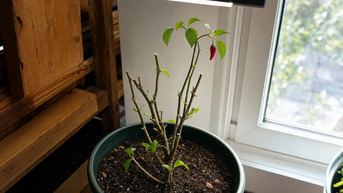 Potted pepper plant cut back and set on a bright windowsill in winter, with a few green leaves and new buds on the trimmed stems